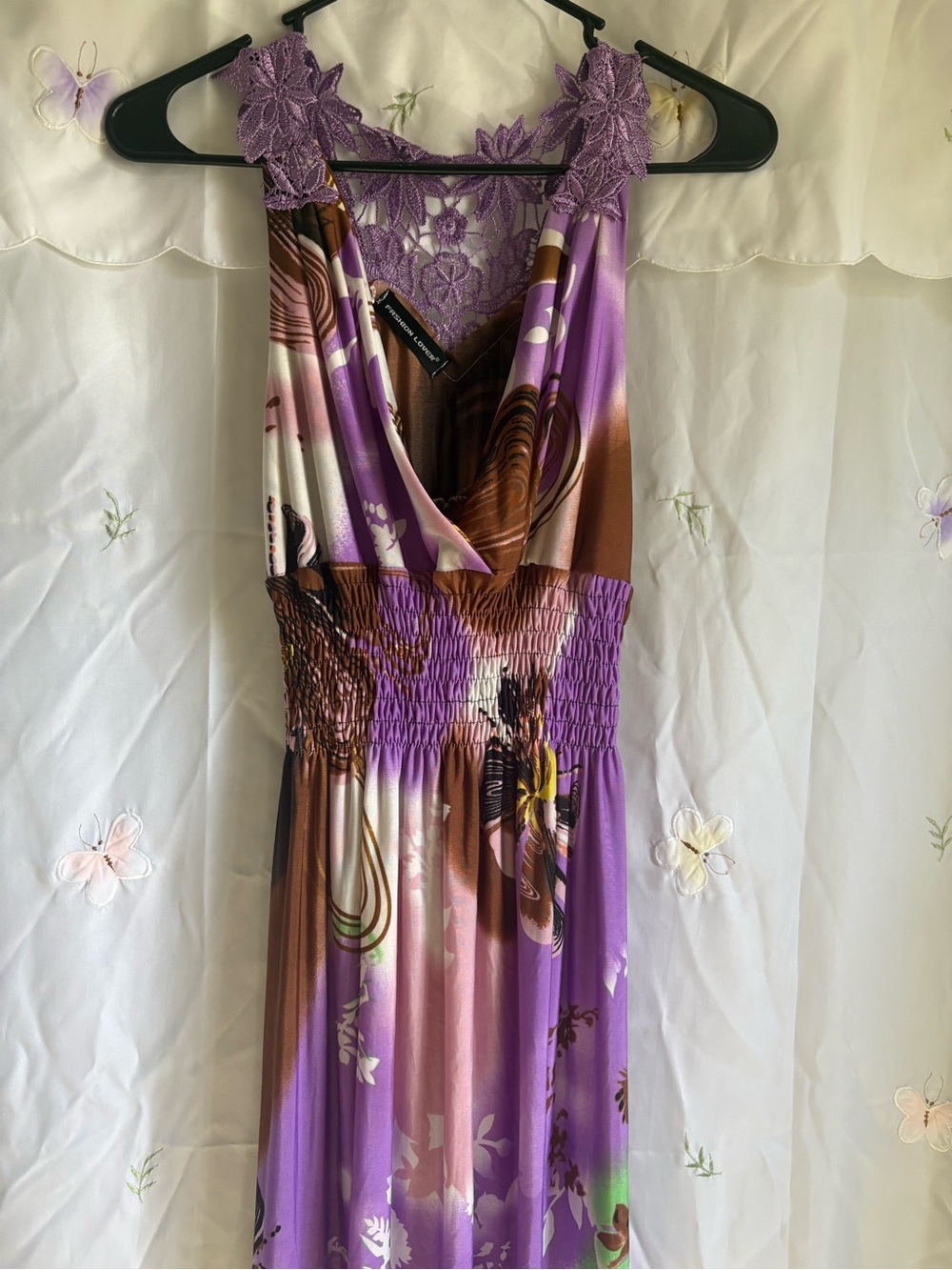 Sleeveless Purple Floral Lace-Trim Mini Dress